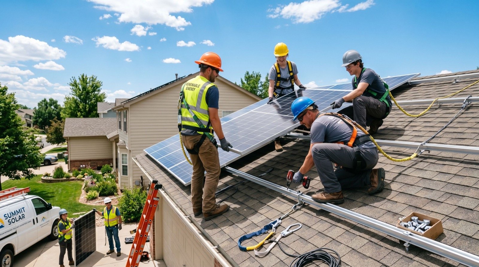 Installation crew mounting solar panels on a roof